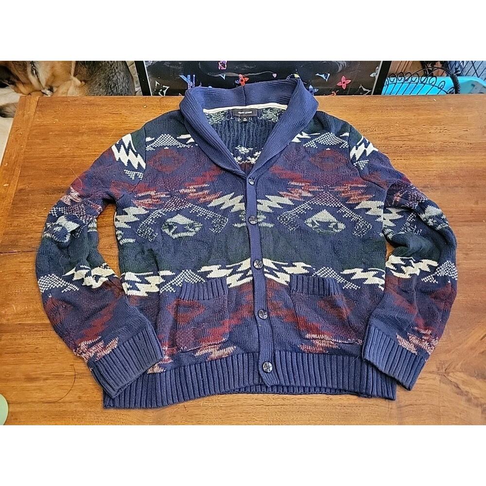 Adam Levine Shawl Collar Cardigan Sweater Mens XL Blue Aztec Southwestern Knit